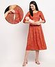 True Shape Three Fourth Sleeves Floral Printed Maternity Kurta With Concealed Zipper Nursing Access - Dark Peach