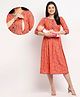 True Shape Three Fourth Sleeves Abstract Printed Maternity Kurta With Concealed Zipper Nursing Access - Peach