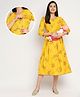 True Shape Three Fourth Sleeves Floral Printed Maternity Kurta With Concealed Zipper Nursing Access - Yellow
