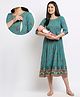 True Shape Three Fourth Sleeves Floral Printed Maternity Kurta With Concealed Zipper Nursing Access - Turquoise