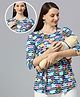 True Shape Three Fourth Sleeves Abstract Printed Maternity Top With Two Layer Lift Nursing Access - Blue