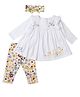My Milestones Cotton Full Sleeves Duck Embroidered Frill Detailed Dress With Floral Printed Leggings & Headband - White