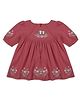 My Milestones Cotton Half Sleeves Floral Embroidered Dress - Maroon
