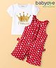 Babyoye Eco Conscious 100% Cotton Knit Eco Jiva Finish Half Puffed Sleeves Top & Dungaree Style Romper with Polka Dots Print & Bow Applique - Red & White