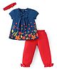Babyoye Eco Conscious 100% Cotton Knit  with Eco Jiva Finish Half Sleeves Floral Printed Frock Style Onesie with Leggings & Headband - Navy Blue