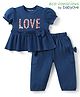Babyoye Eco Conscious 100% Cotton Knit With Eco Jiva Finish Half Puffed Sleeves Top & Lounge Pant Set With Floral Print & Bow Applique - Navy Blue