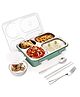 FUNVERSE Lunch Box for Adults Lunch Box for Kids Stainless Steel Lunch Box with Fork,Chopstick & Spoon Lid Office Food Container 4 Compartment for Kids & Adults (Green)(1.3Ltr)