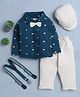 Bumzee Full Sleeves Geometric Printed Shirt With Attached Bow & Pant Cap Suspender Set - Beige & Teal Blue