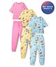 Primo Gino 100% Cotton Knit Half Drop Shoulder Sleeves Night Suit with Floral Print Pack of 3 - Pink Yellow & Light Blue