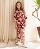 SAY Pure Cotton Woven Three Fourth Sleeves Leaves Printed Coordinating Night Suit Set - Maroon