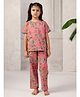 SAY Pure Cotton Woven Half Sleeves Floral & Leaves Printed Coordinating Night Suit Set - Pink