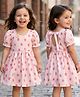 Mark & Mia Half Puffed Sleeves Frock with Strawberry Print & Floral Applique - Pink