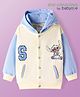 Babyoye Disney Cotton Knit Full Drop Shoulder Sleeves Front Open Hooded Sweatjacket with Front & Back Stitch Graphics & Embroidery Detailing - Light Blue & Cream