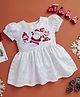 O'CARINA Woven Half Puffed Sleeves Santa Printed Frock - White