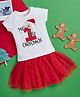 O'CARINA Cotton Knit Half Sleeves Top & Skirt Set With Santa Claus Applique - White & Red