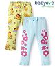 Babyoye Eco Conscious 100% Cotton Knit Full Length Floral & Duck Printed Leggings With Bow Applique Pack of 2 - Light Blue & Yellow