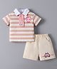 Mark & Mia Cotton Half Sleeves T-Shirt & Shorts Set Animal Face Embroidery - Pink & Beige