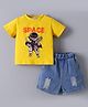 Mark & Mia Half Sleeves Cotton T-Shirt & Denim Shorts Set With Astronaut Print - Yellow