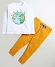 Etched Design 100% Cotton Full Sleeves Animals & Text Printed Tee With Joggers Set - White & Mustard Yellow