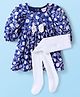 Babyhug Cotton Woven Three Fourth Sleeves Leaf Printed Dress With Bow Applique & Stockings - Navy Blue