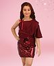 Cutecumber One Shoulder Sleeves Bow Applique Detailed Sequins Embellished Dress - Maroon