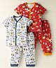 OHMS Single Jersey Knit Half Sleeves Front Open Co-ords Night Suits with Jungle Theme Print Pack of 2 - White & Red