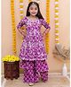 AATYA KIIDS Cotton Three Fourth Sleeves Floral Printed & Lace Embellished Kurta Sharara Set - Purple