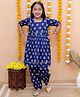 AATYA KIIDS Cotton Half Sleeves Floral Printed & Lace Embellished Kurta Afghani Salwar Set - Blue