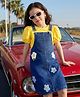 Hola Bonita Cotton Woven Half Puffed Sleeves Inner T-Shirt & Denim Pinafore Dress with Floral Embroidery - Yellow & Blue