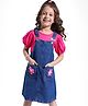 Hola Bonita Cotton Woven Half Puffed Sleeves Inner Tee & Denim Pinafore Dress with Floral Embroidery - Pink & Blue