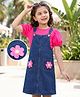 Hola Bonita Cotton Woven Half Puffed Sleeves Inner Tee & Denim Pinafore Dress with Floral Embroidery - Pink & Blue