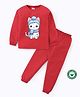 BLUSHES 100% Cotton Knit Full Sleeves Cat Printed Tee & Pajama Set - Red