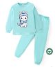 BLUSHES 100% Cotton Knit Full Sleeves Cat Printed Tee & Pajama Set - Sea Green
