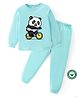 BLUSHES 100% Cotton Knit Full Sleeves Panda Printed Tee & Pajama Set - Sea Green