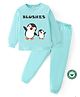 BLUSHES 100% Cotton Knit Full Sleeves Penguins Printed Tee & Pajama Set - Sea Green