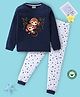 BLUSHES 100% Cotton Knit Full Sleeves Monkeys Printed Night Suit Set - Navy Blue