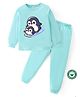 BLUSHES 100% Cotton Knit Full Sleeves Penguin Printed Night Suit Set - Sea Green