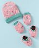 OHMS Interlock Knit Cap Mittens & Booties With Floral Print - Pink