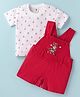 ToffyHouse 100% Cotton Woven Half Sleeves T-Shirt & Dungaree with Bear Print & Embroidery - White & Red