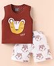 Mini Taurus Cotton Knit Sleeveless Tank T-Shirt & Shorts Set With Tiger Print & Patch - Rust Orange