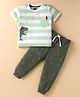 Mini Taurus Cotton Knit Half Sleeves Striped T-Shirt & Lounge Pant Set With Fish Print & Patch - Sea & Olive Green