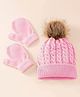 Priaansha Creation Woollen Knot Detailed Knitted Solid Pom Pom Cap & Gloves Set - Pink