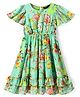 Pine Kids Woven Flutter Sleeves Frock with Floral Print & Frill Detailing - Light Green