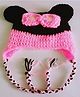 Knits & Knots Handmade Self Designed Bow Cap With Ear flaps - Pink & Black