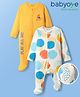Babyoye 100% Cotton Knit With Eco Jiva Finish Full Sleeves Footed Sleep Suits with Play All Day Text Print - Yellow & White