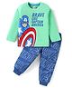 Babyhug Marvel Single Jersey Knit Full Sleeves T-Shirt & Lounge Pant Set With Avengers Graphics & Badge Detailing - Sea Green & Blue