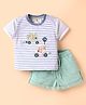 ToffyHouse Cotton Knit Half Sleeves T-Shirt & Shorts Set with Stripes & Animal Print - White & Mint