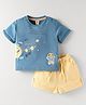 ToffyHouse Cotton Knit Half Sleeves T-Shirt & Shorts Set With Space Print & Teddy Bear Patch - Blue & Golden