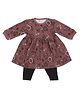 A Toddler Thing 100% Cotton Full Sleeves Animals Printed Quilted Dress & Leggings Set - Brown