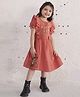 Tiny Twills Linen Half Puffed Sleeves Floral Embroidered & Bow Applique Detailed Dress - Rust Orange